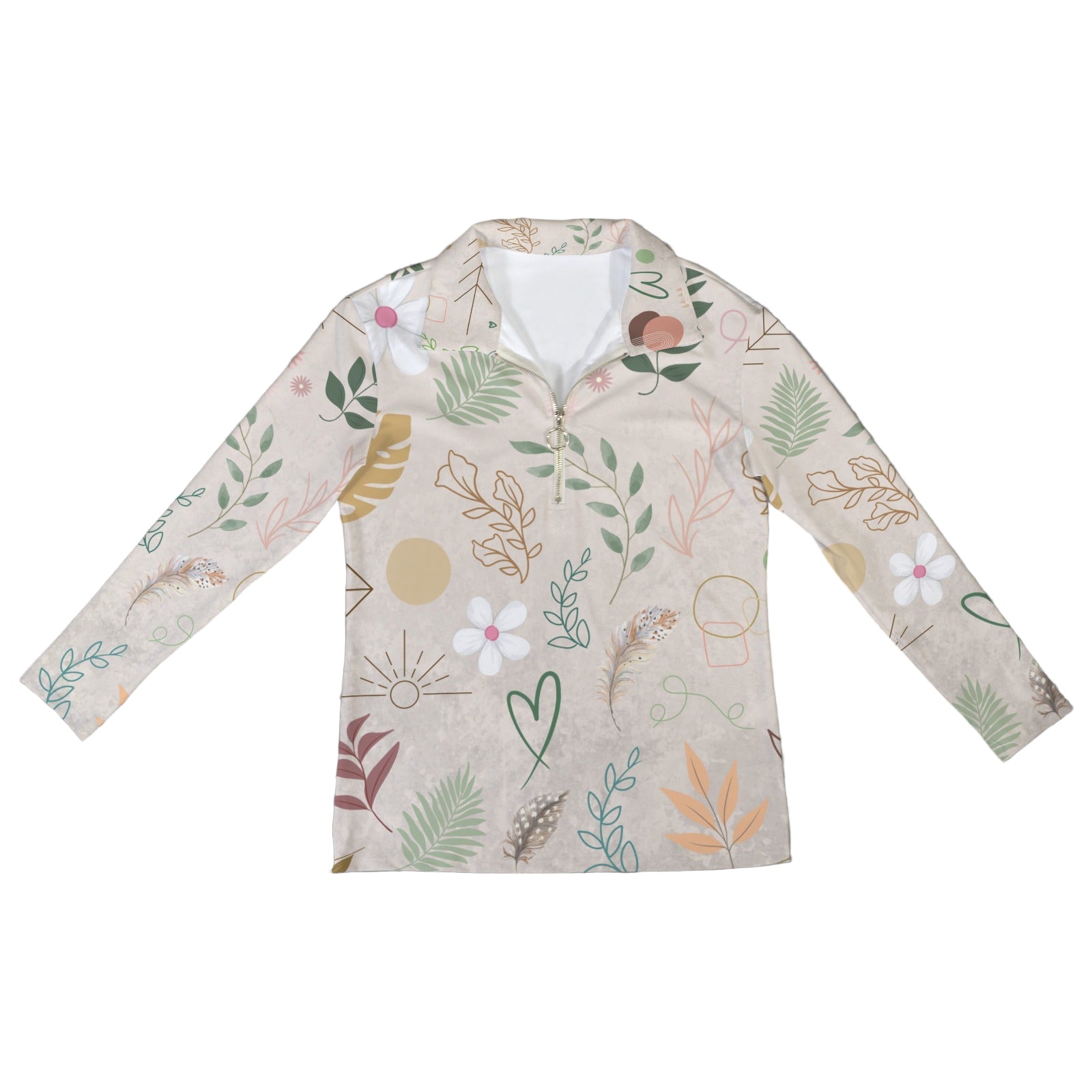 Boho Beige Zip Neck Long Sleeve Top up to 5 XL 5