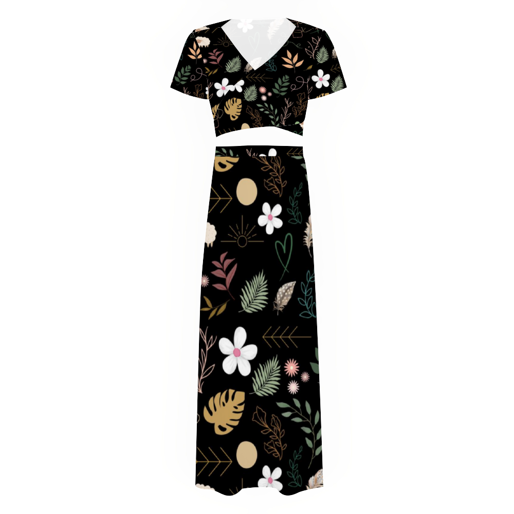 Boho Black Two Piece Outfit V-Neck Top and Long Skirt Set up to 4 XL (FWS) 3