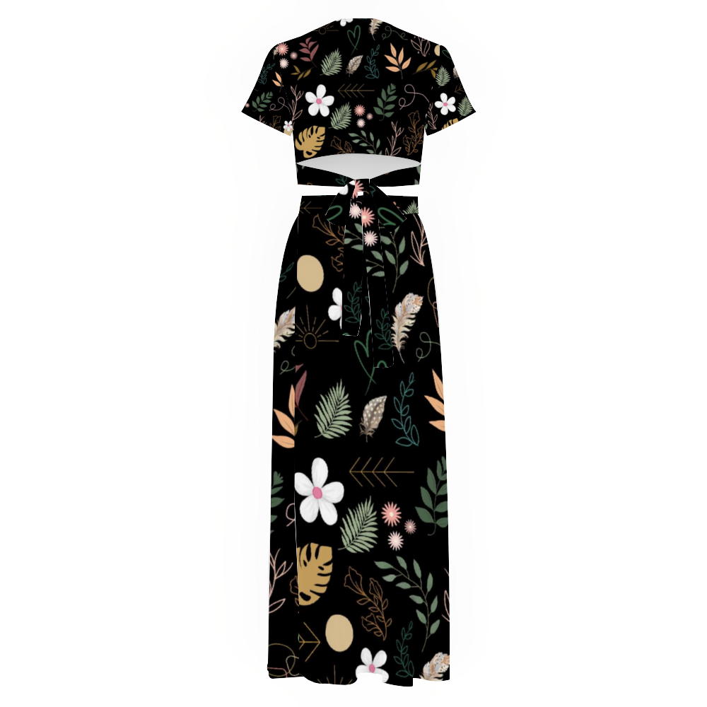 Boho Black Two Piece Outfit V-Neck Top and Long Skirt Set up to 4 XL (FWS) 4