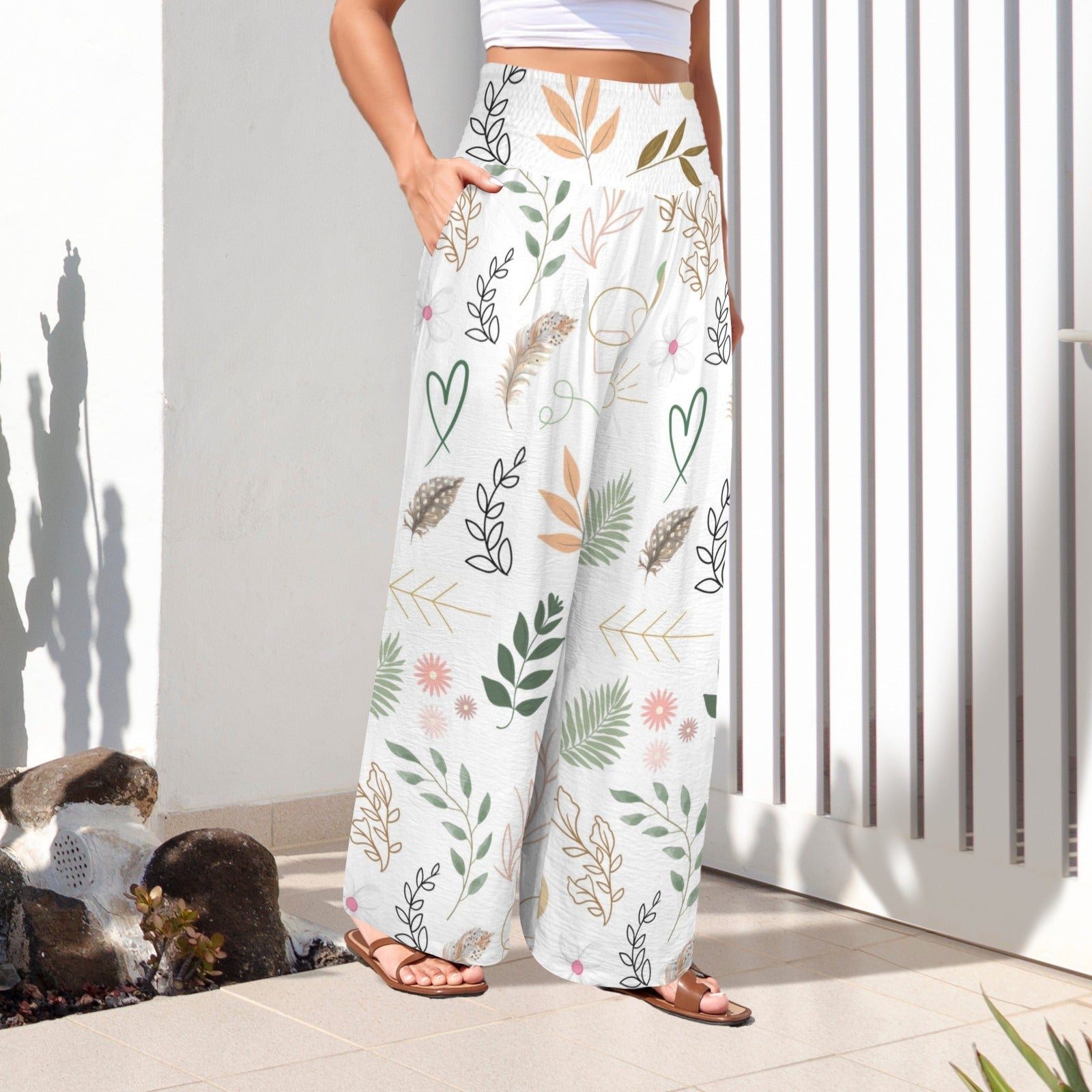 Boho White High Elastic Waist Pants with Wide Legs up to 5 XL 2