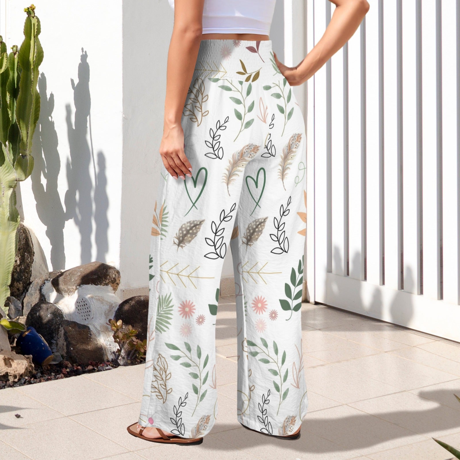 Boho White High Elastic Waist Pants with Wide Legs up to 5 XL 3