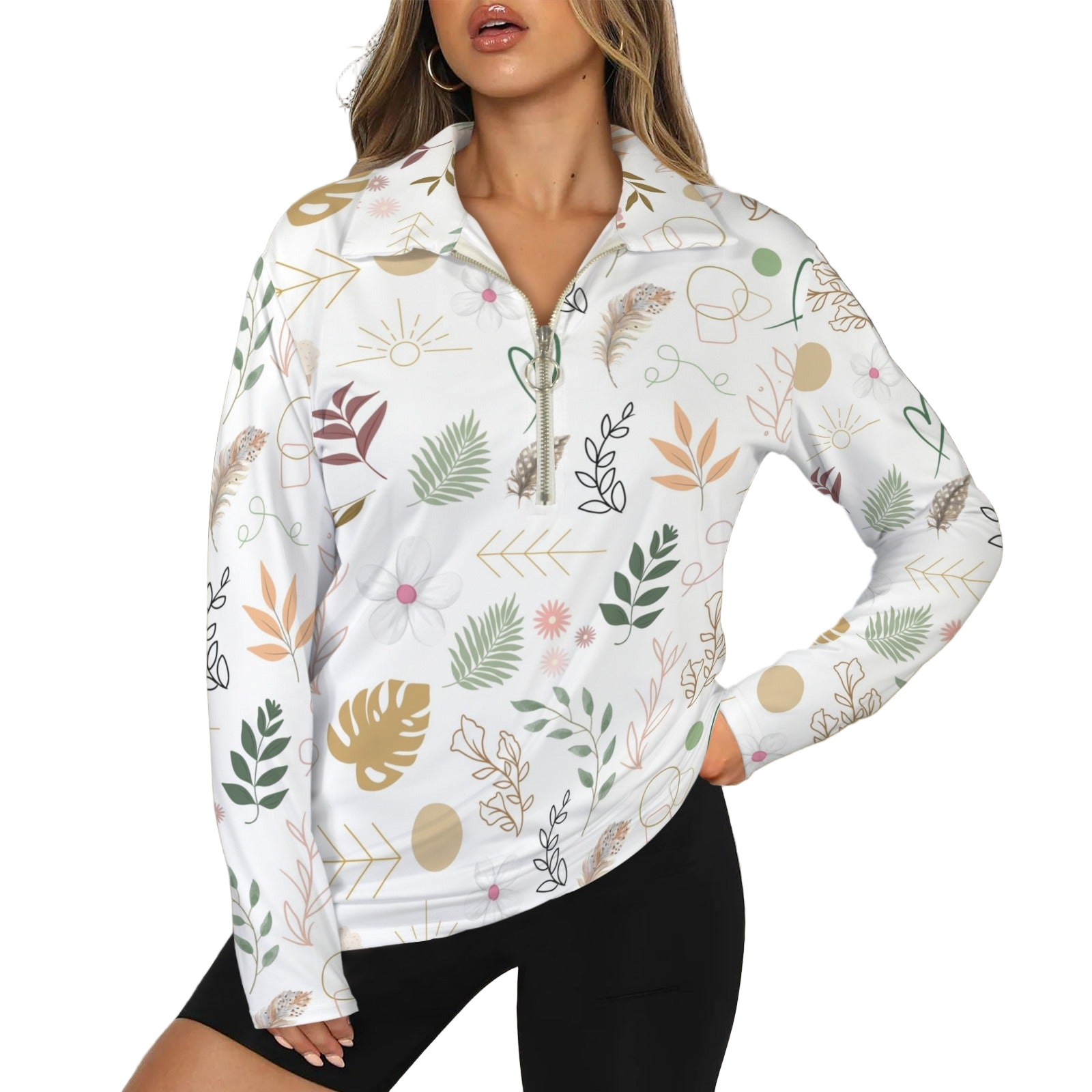 Boho White Zip Neck Long Sleeve Top up to 5 XL white
