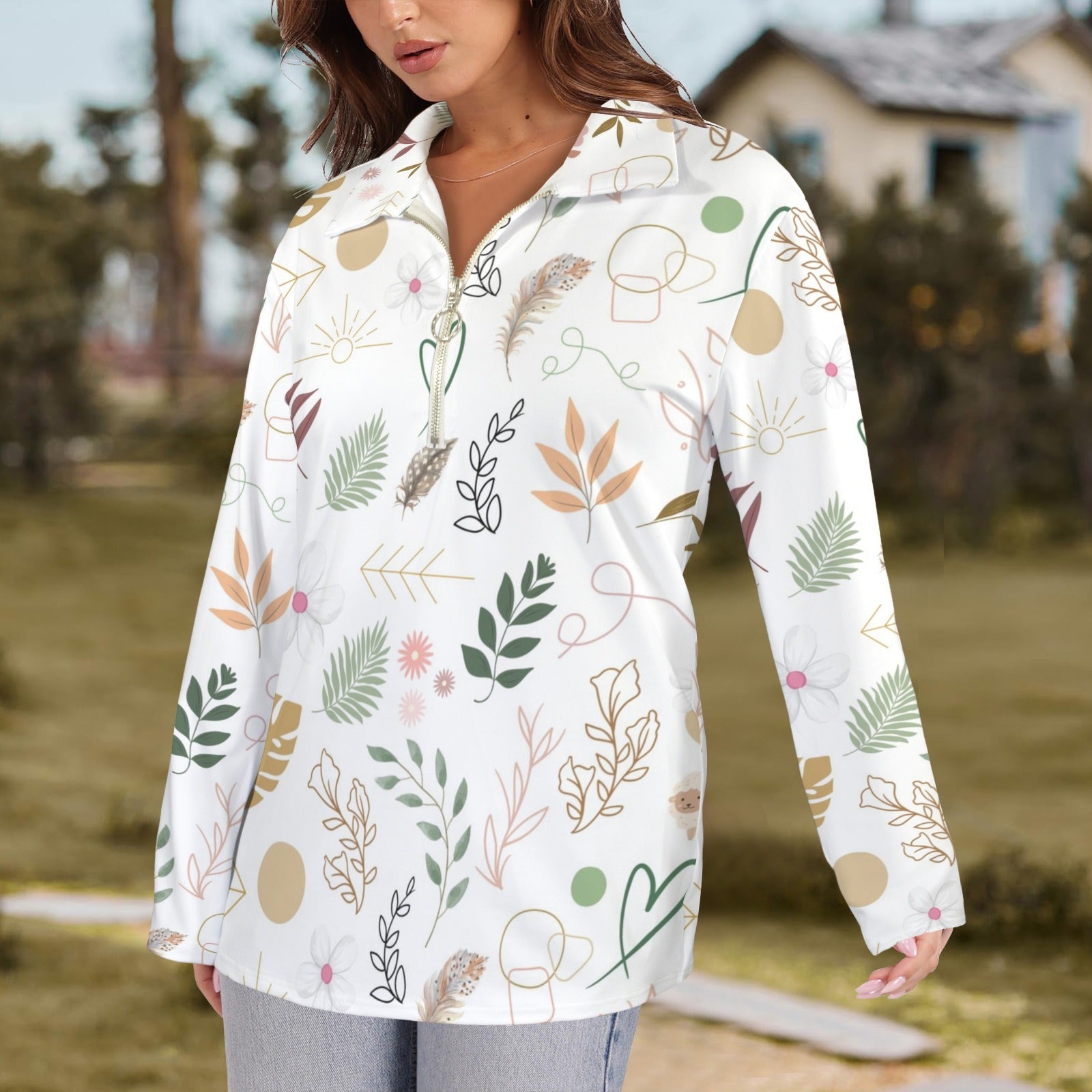 Boho White Zip Neck Long Sleeve Top up to 5 XL 2