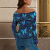Butterflies Blue Off Shoulder Slim Fit Long Sleeve Top up to 5 XL 3