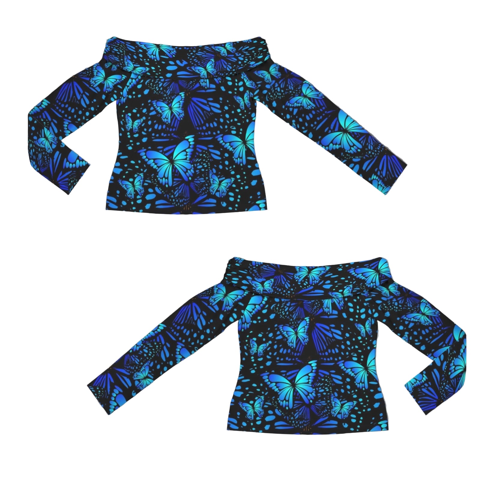 Butterflies Blue Off Shoulder Slim Fit Long Sleeve Top up to 5 XL 4