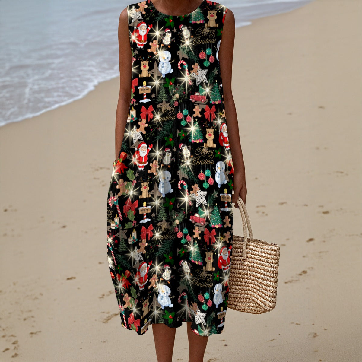 Christmas Black Sleeveless Dress | 125GSM Slub Cotton up to 5 XL 1