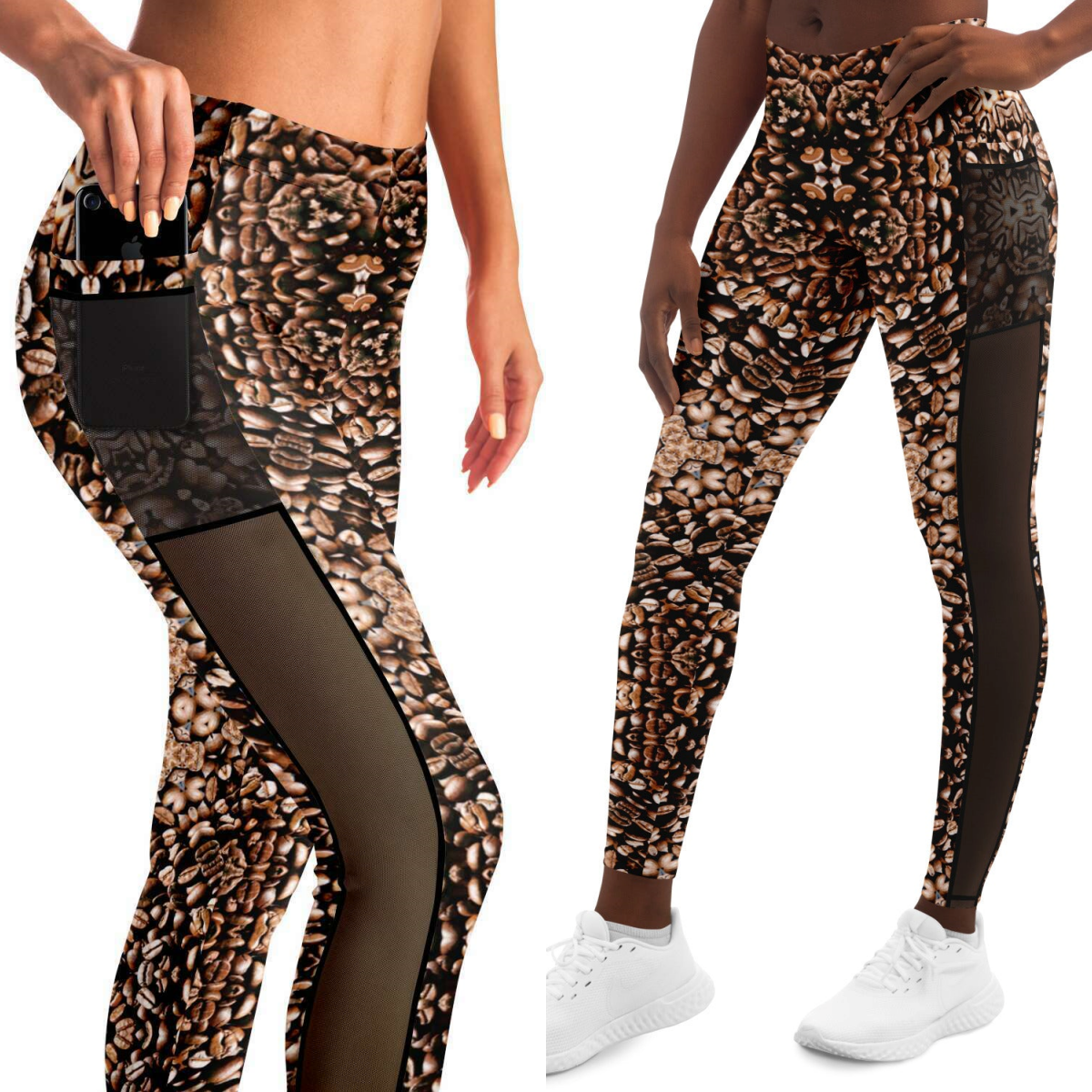 Coffee Beans K Mesh Panel Side Pockets Leggings (FWS)