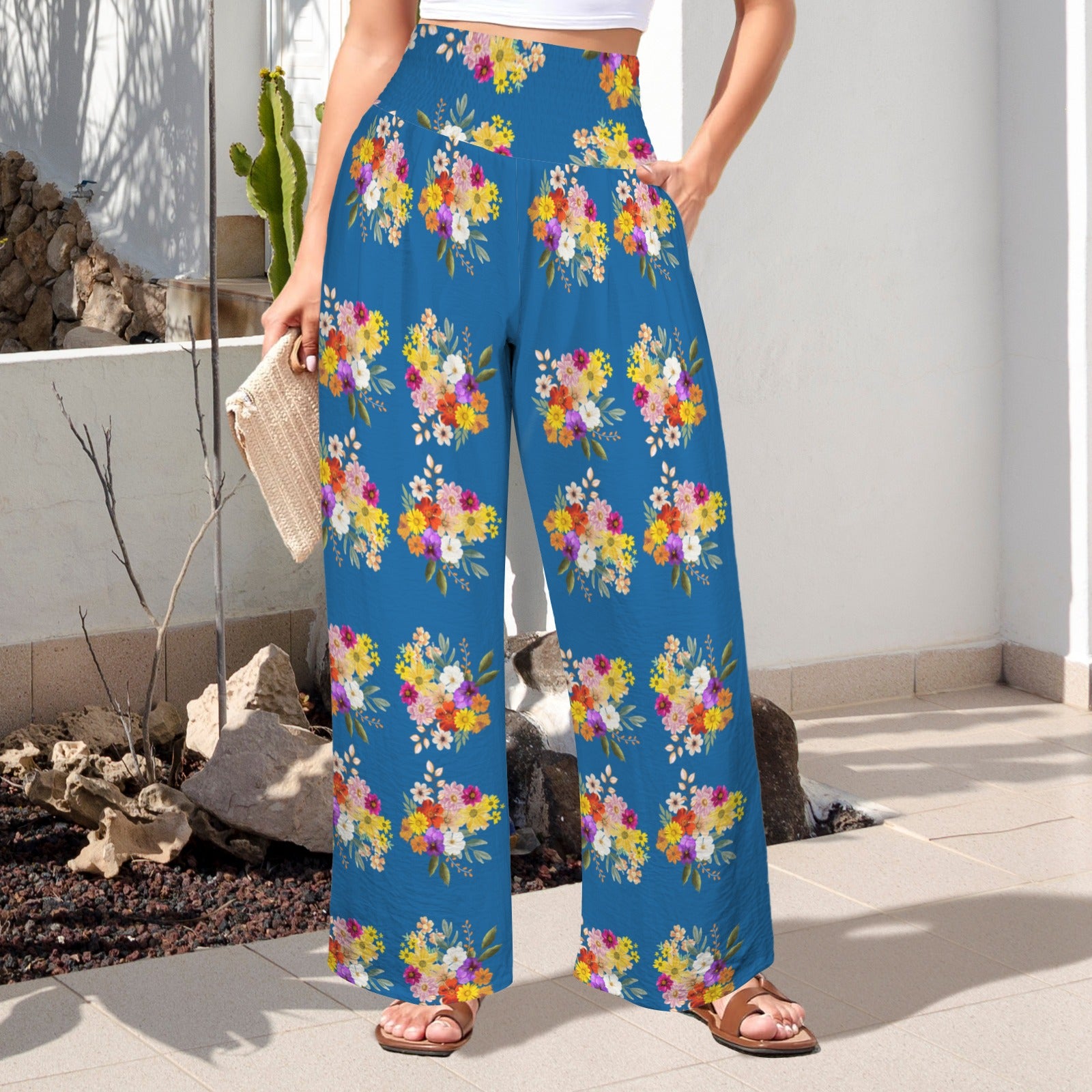 Floral Blue High Elastic Waist Pants with Wide Legs up to 5 XL 1