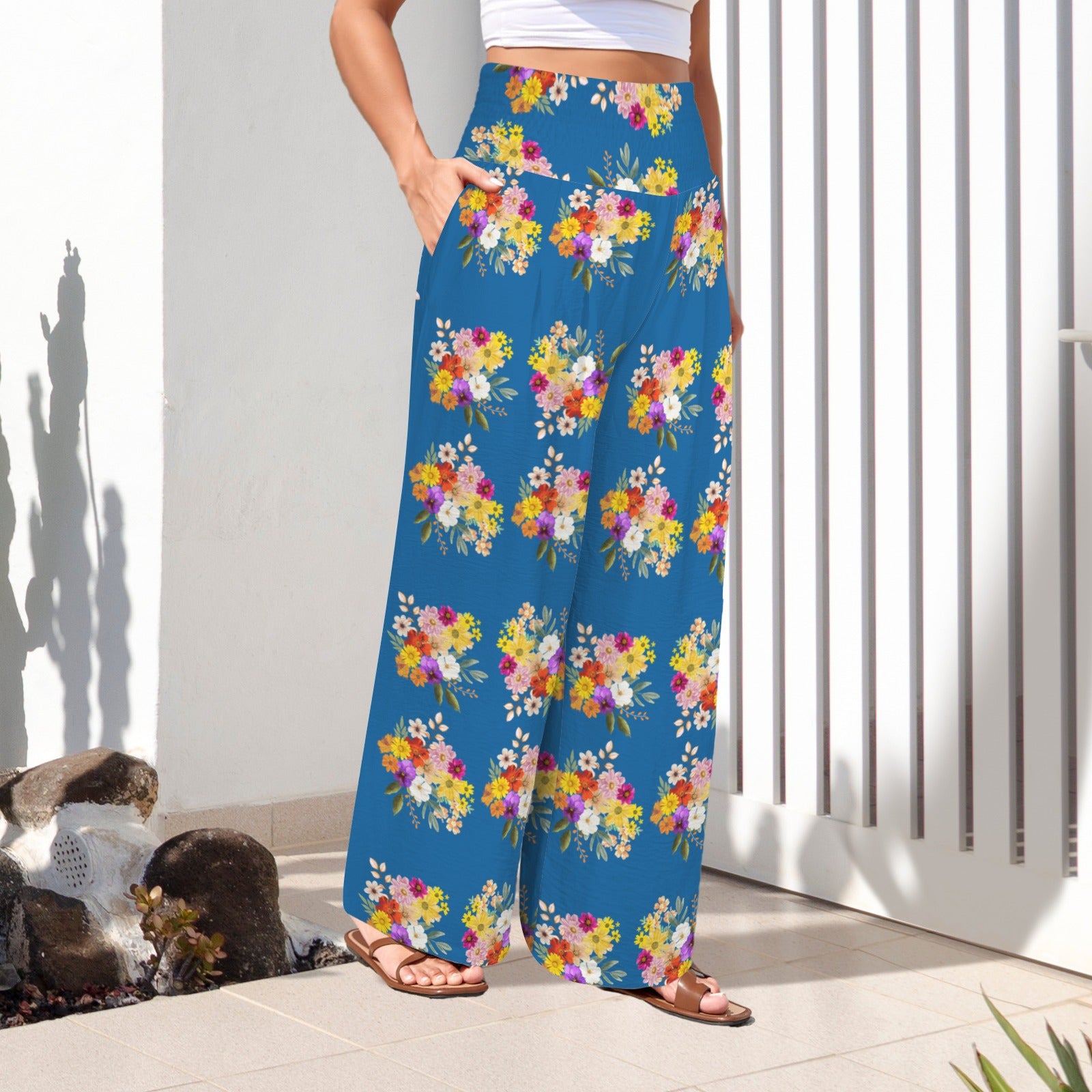 Floral Blue High Elastic Waist Pants with Wide Legs up to 5 XL 2