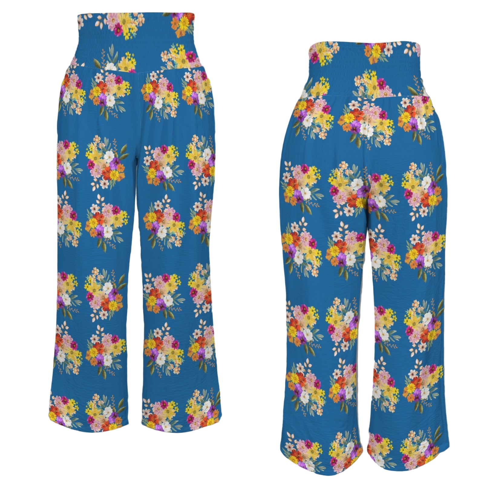 Floral Blue High Elastic Waist Pants with Wide Legs up to 5 XL white