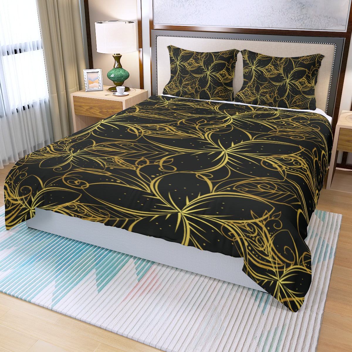 Golden Frangipani Black Three Piece Bed Cover Set 1