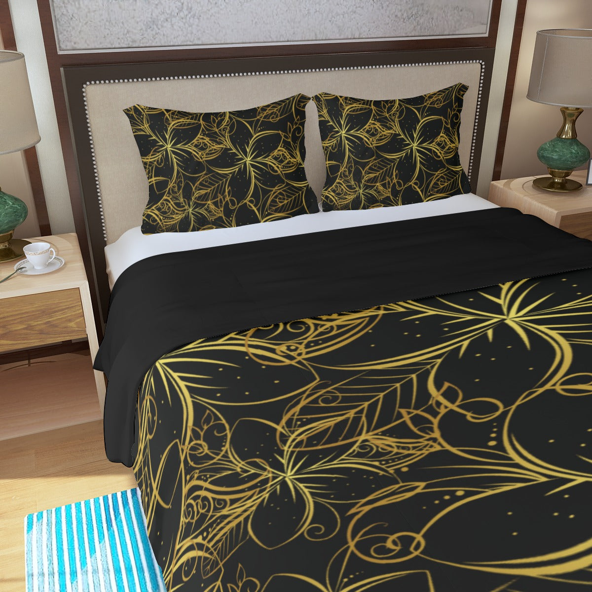 Golden Frangipani Black Three Piece Bed Cover Set 2