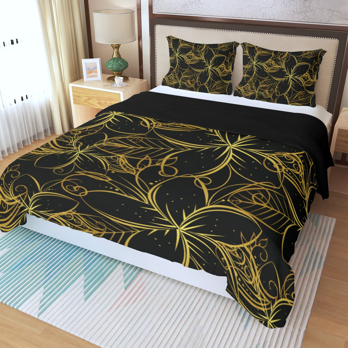 Golden Frangipani Black Three Piece Bed Cover Set 4