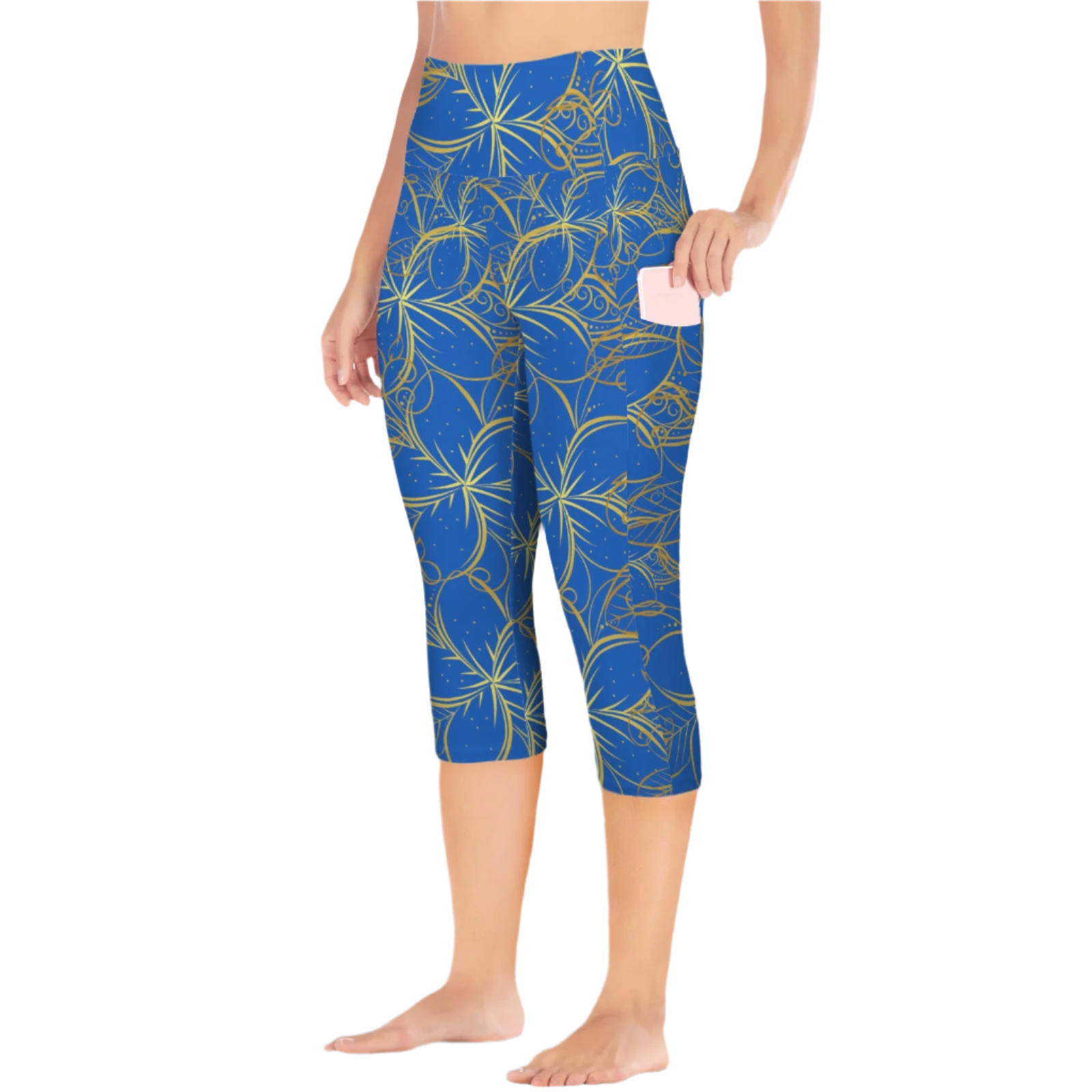 Golden Frangipani Blue Capri Leggings with Pockets up to 5 XL (FWS) white