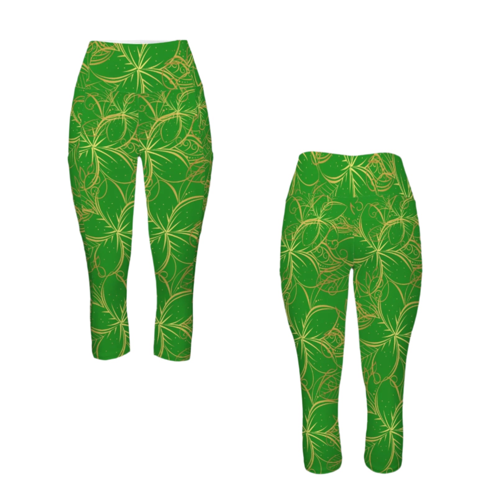 Golden Frangipani Green Capri Leggings with Pockets up to 5 XL (FWS) 4