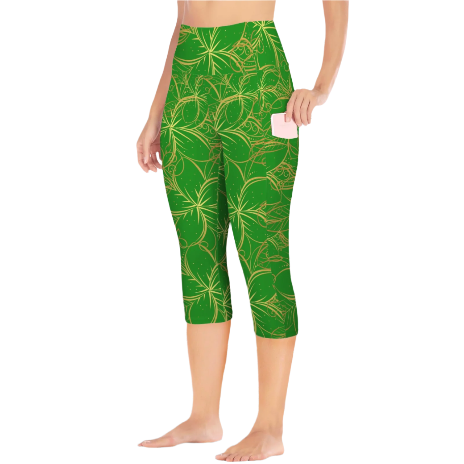 Golden Frangipani Green Capri Leggings with Pockets up to 5 XL (FWS) white