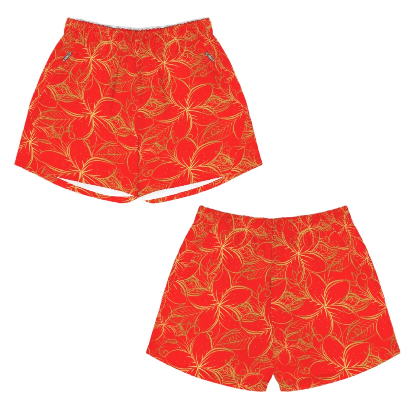 Golden Frangipani Red Art Zip Pocket Shorts up to 5 XL front and back