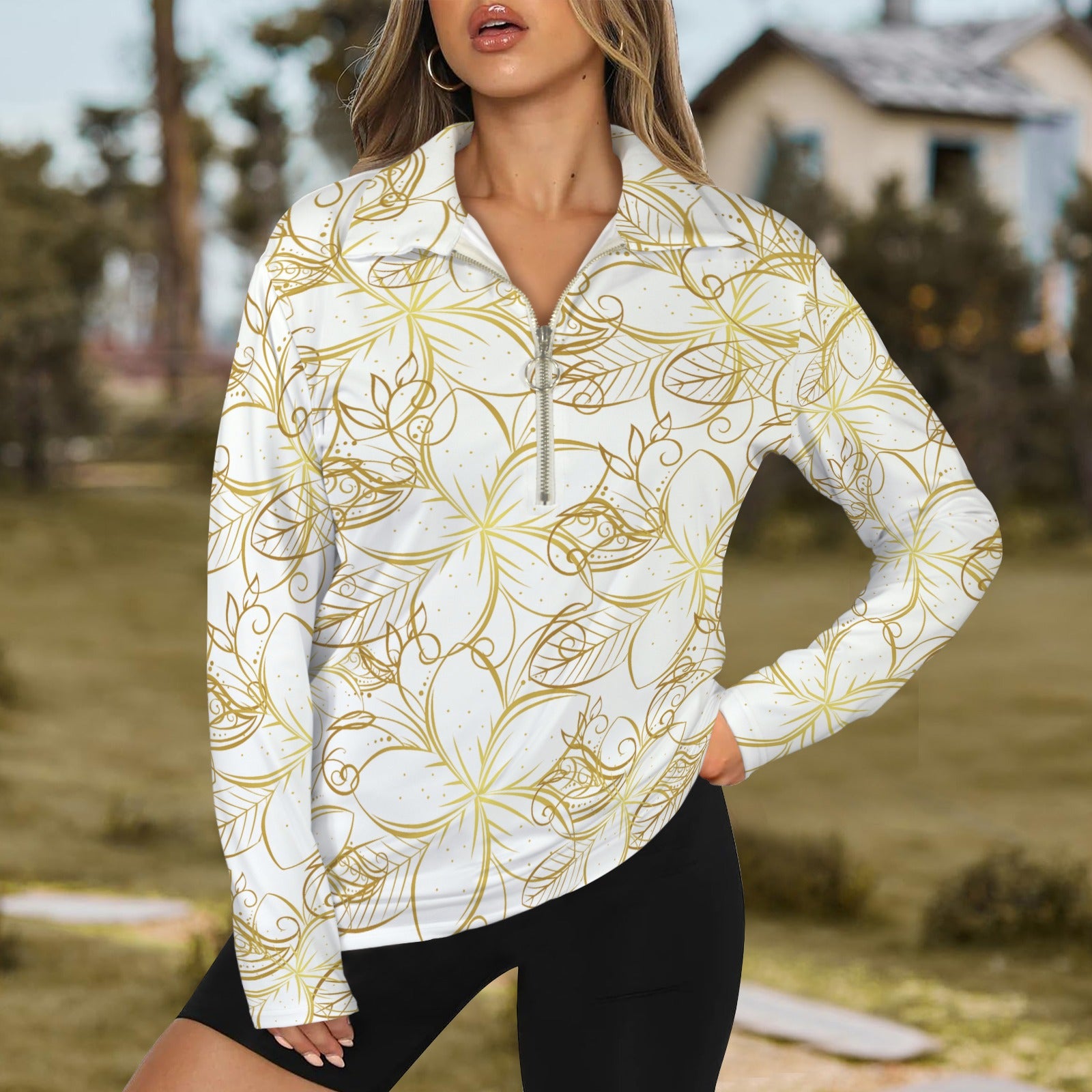 Golden Frangipani White Zip Neck Long Sleeve Top up to 5 XL 1