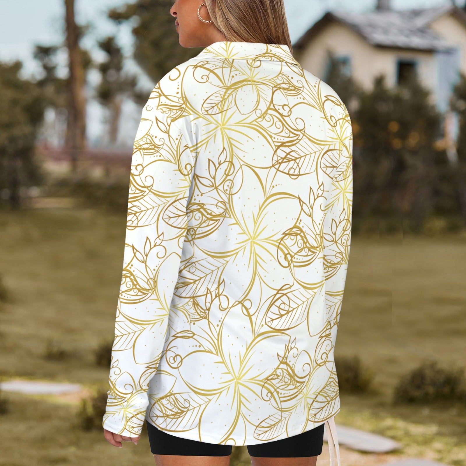 Golden Frangipani White Zip Neck Long Sleeve Top up to 5 XL 4