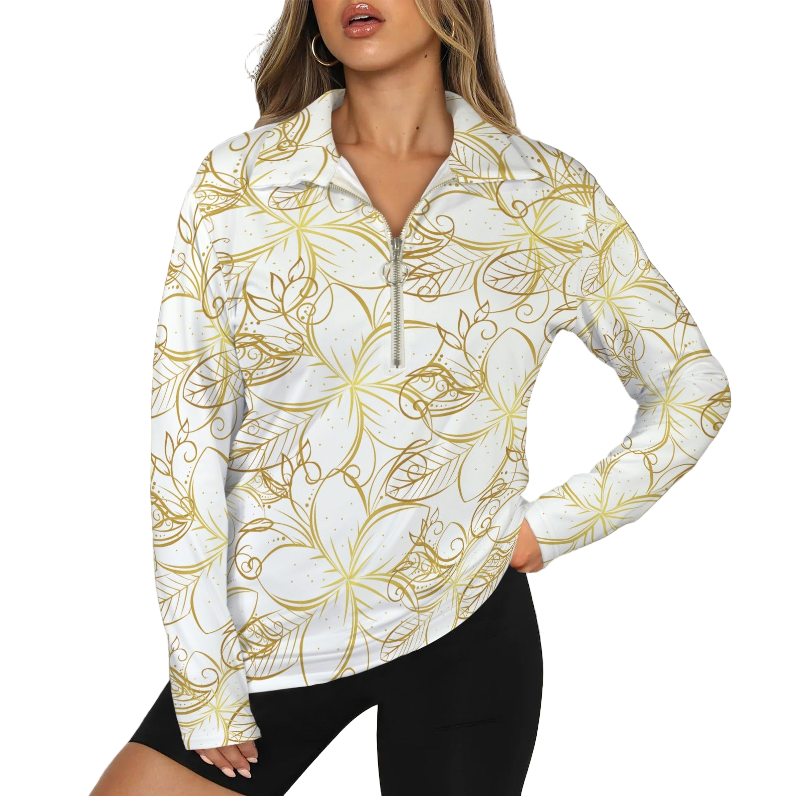 Golden Frangipani White Zip Neck Long Sleeve Top up to 5 XL white