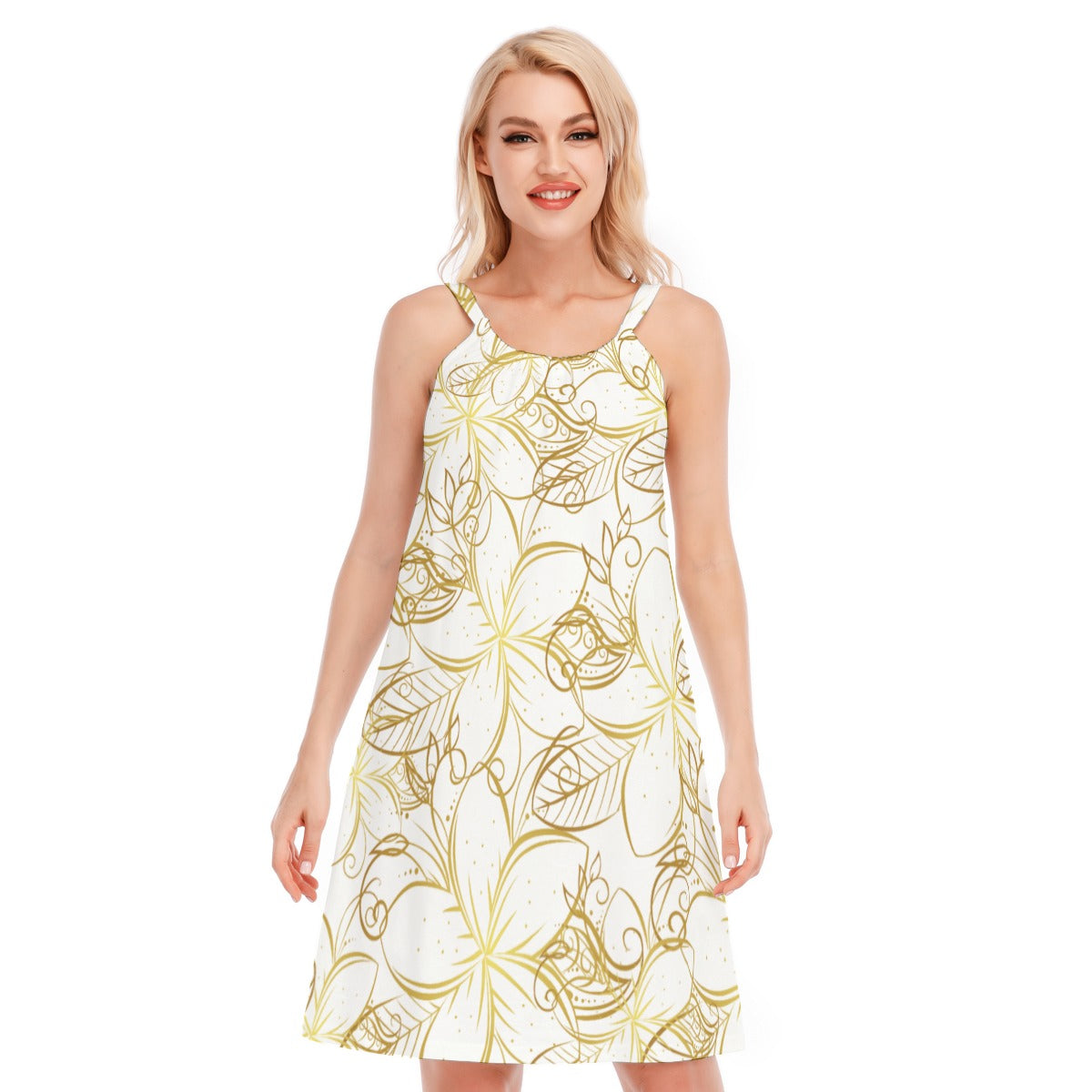 Golden Frangipanis White 0-Neck Dress up to 5 XL | 190GSM Cotton 1