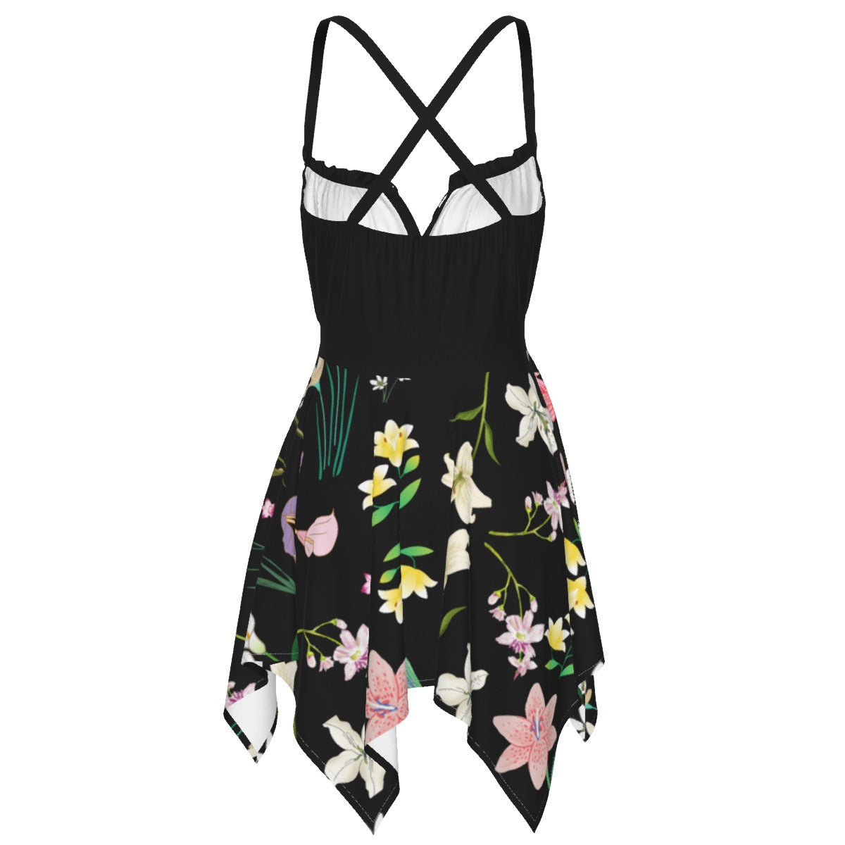 Graphic Lillies Black Asymmetrical Hemline Dress up to 5XL (FWS) 2
