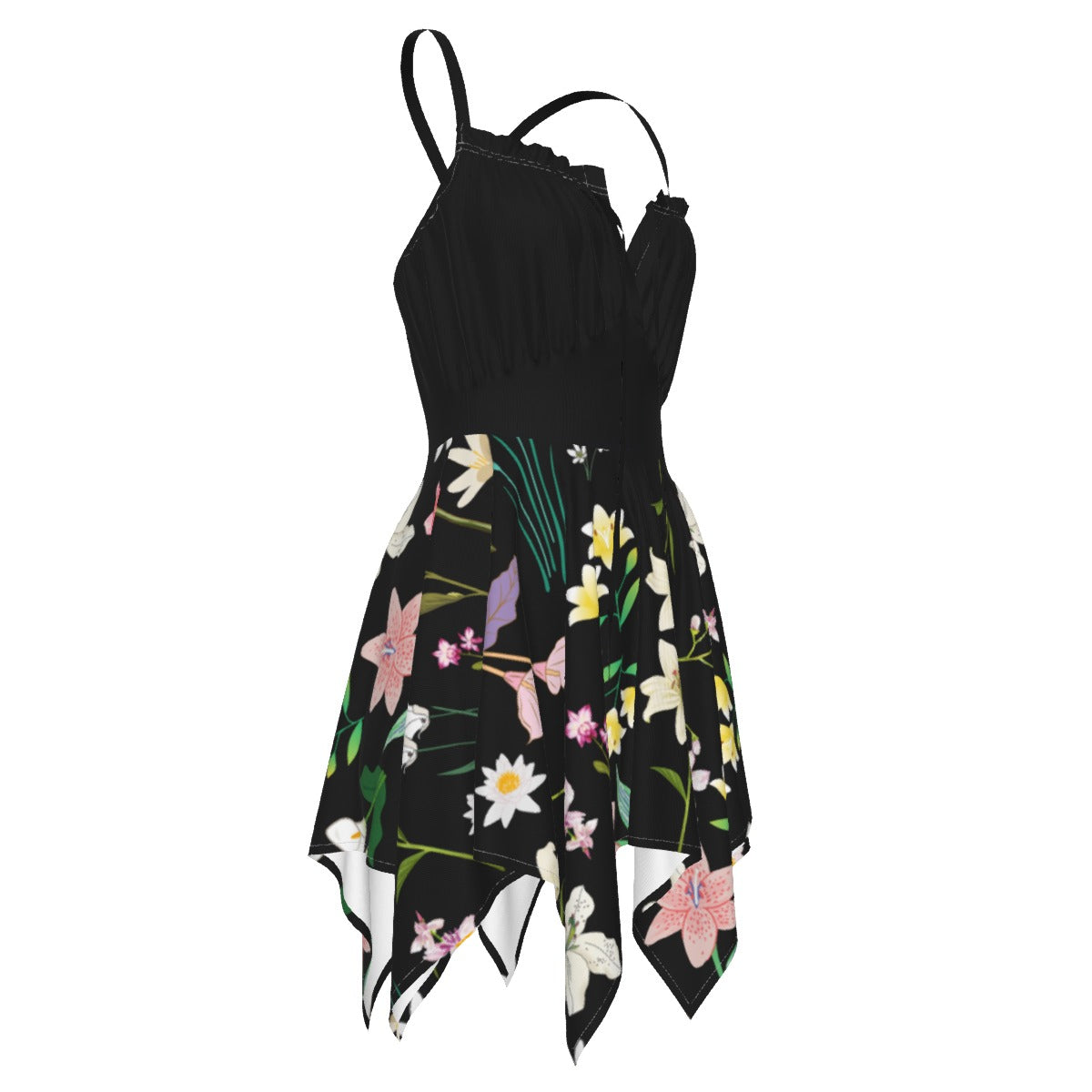 Graphic Lillies Black Asymmetrical Hemline Dress up to 5XL (FWS) 3