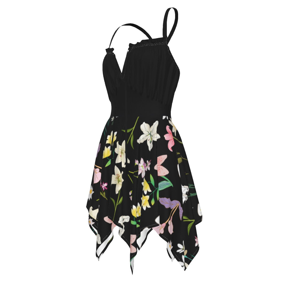 Graphic Lillies Black Asymmetrical Hemline Dress up to 5XL (FWS) 4