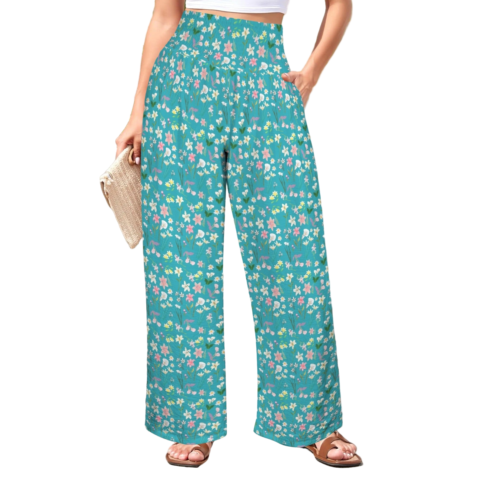 Graphic Lillies Teal High Elastic Waist Pants with Wide Legs up to 5 XL white