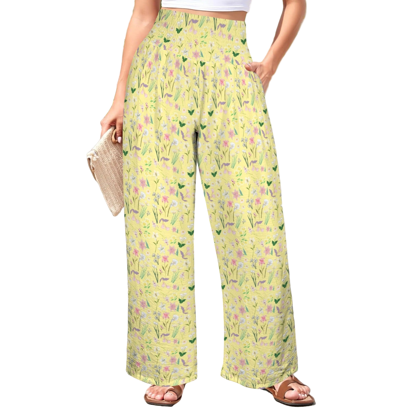 Graphic Lillies Yellow High Elastic Waist Pants with Wide Legs up to 5 XL white