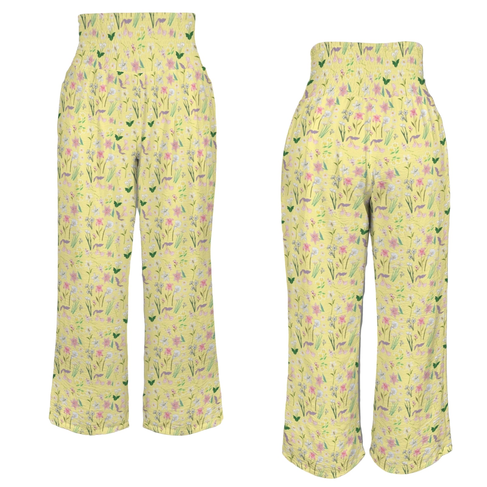 Graphic Lillies Yellow High Elastic Waist Pants with Wide Legs up to 5 XL 4