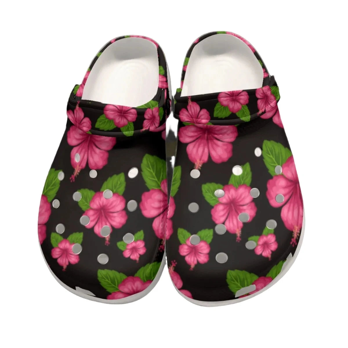 Graphic Pink Hibiscus Black Women's Rubber Clogs up to size 12 3
