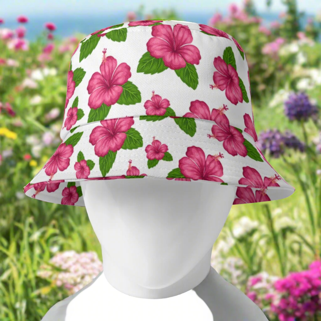 Graphic Pink Hibiscus White Bucket Hat in garden