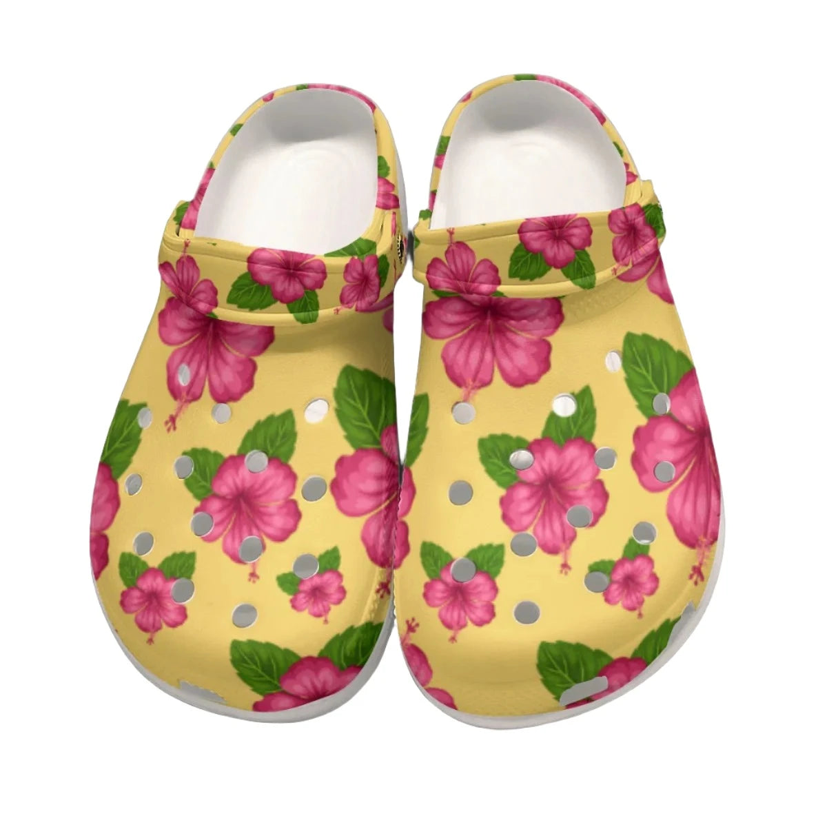 Graphic Pink Hibiscus Yellow Women's Rubber Clogs up to size 12 3