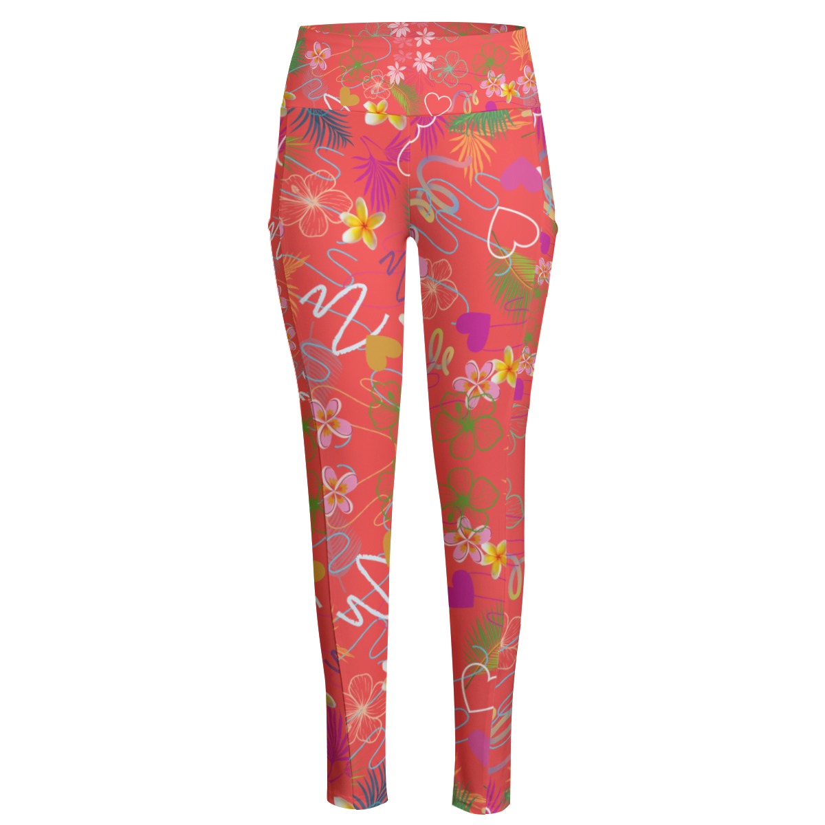 Hawaiian Red High Waist Long Leggings With Side Pockets up to 6 XL 1