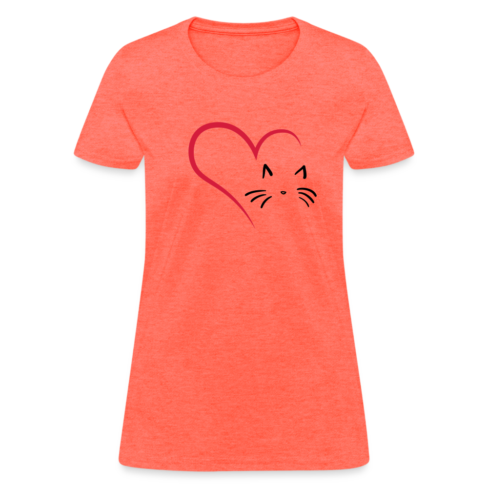 Heart Cat Cotton T-Shirt - heather coral