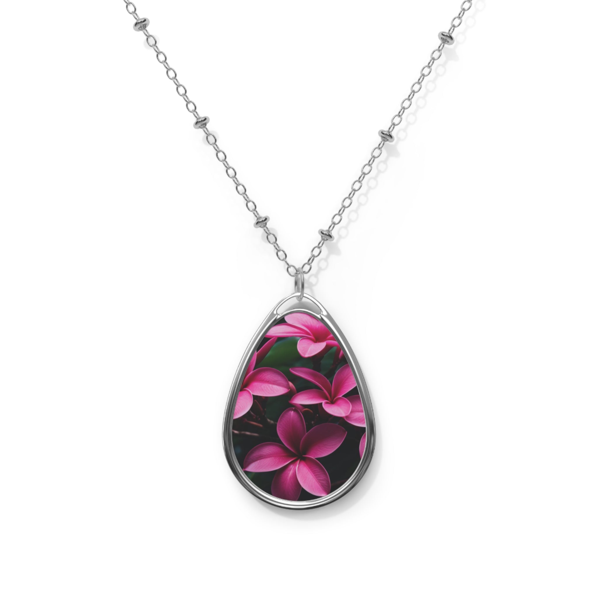 Hot Pink Frangipanis New Oval Pendant Necklace (FWS) 1
