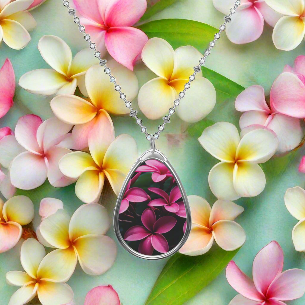 Hot_Pink_Frangipanis_New_Oval_Pendant_Necklace_FWS_with background