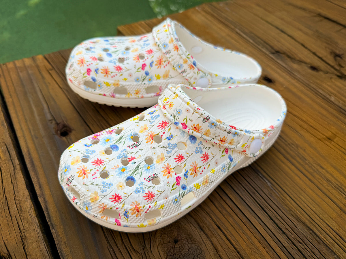 Wildflowers Painted White Rubber Shoes up to size 12