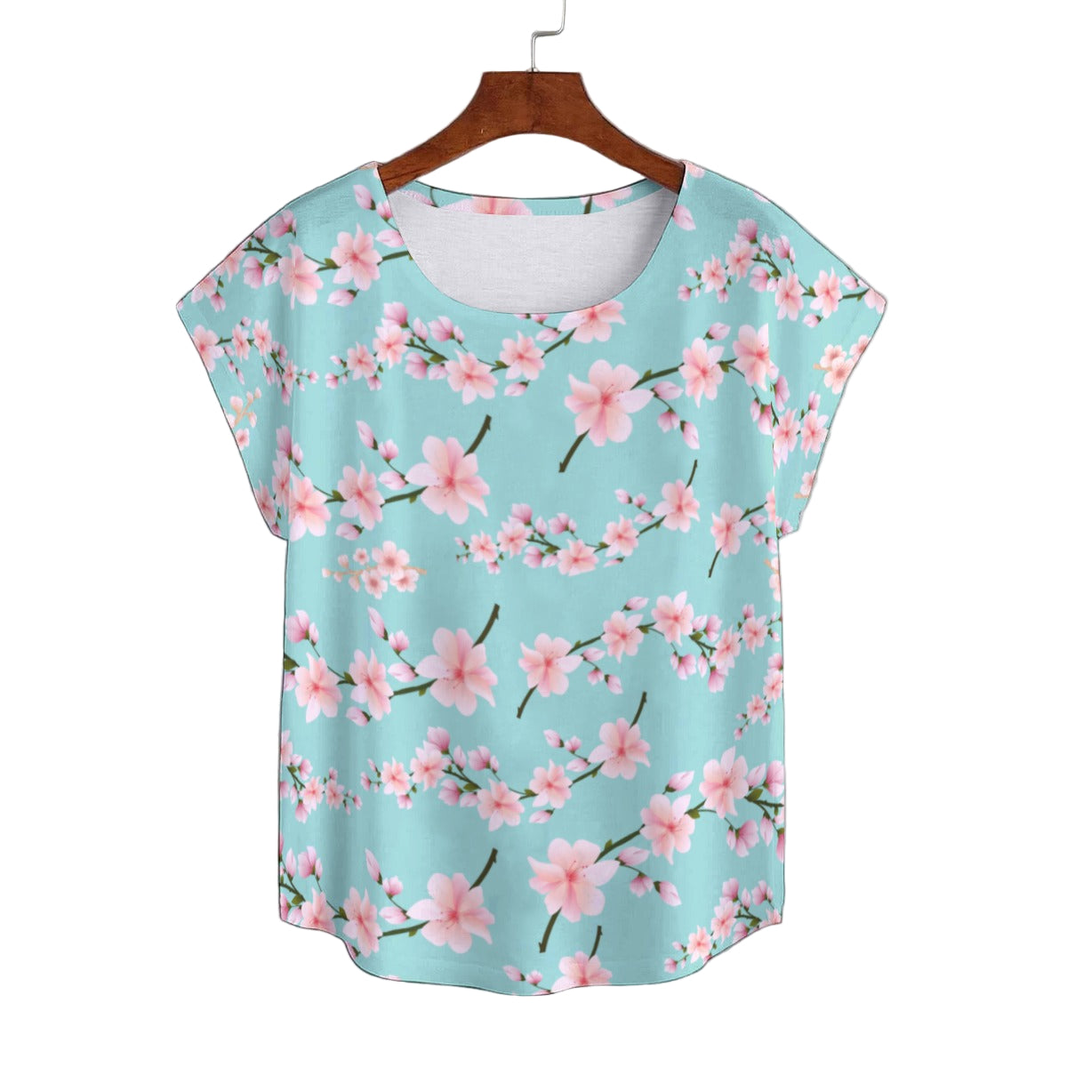 Japanese Pink Flowers Blue Curved Hem Top up to 5 XL (FWS) 1