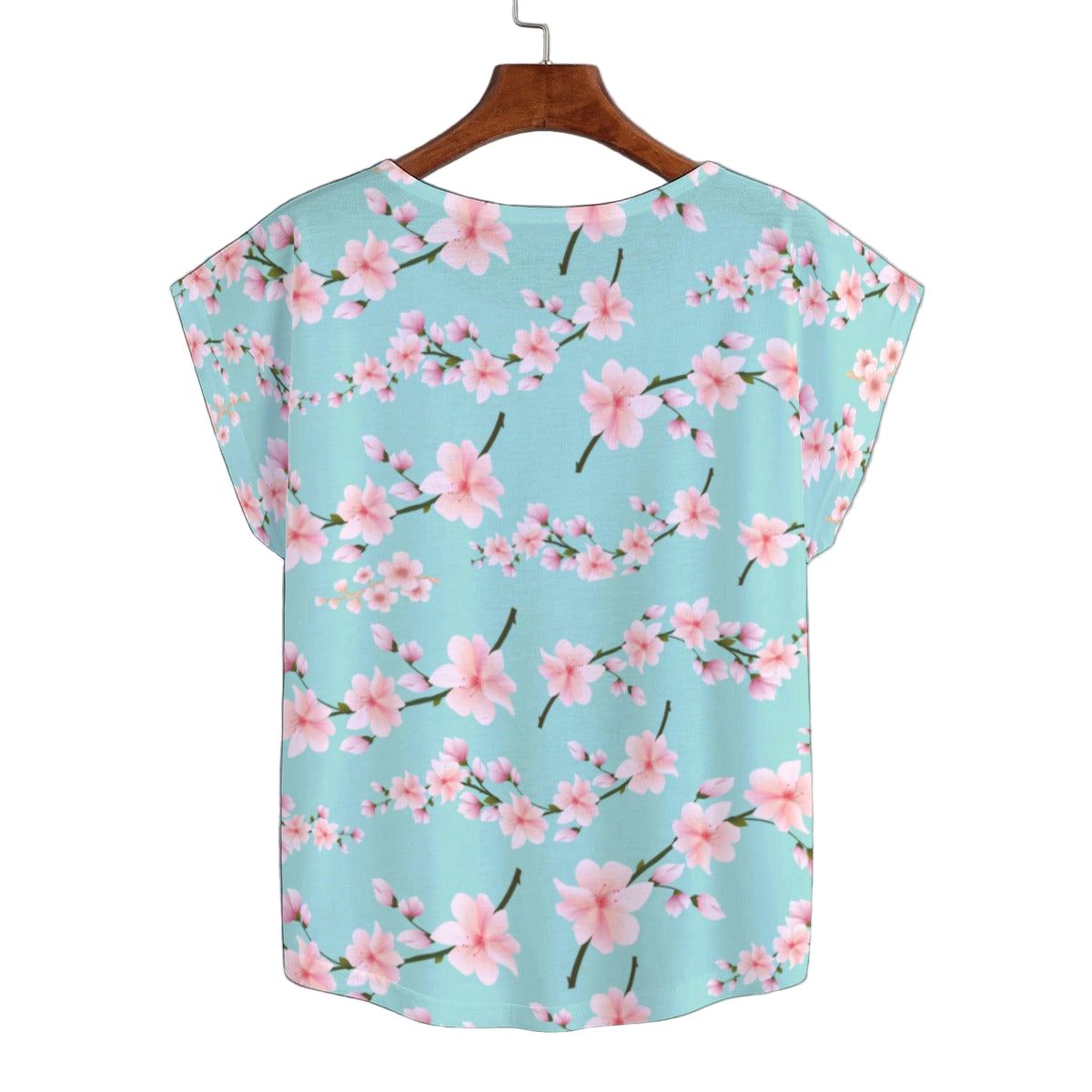 Japanese Pink Flowers Blue Curved Hem Top up to 5 XL (FWS) 2