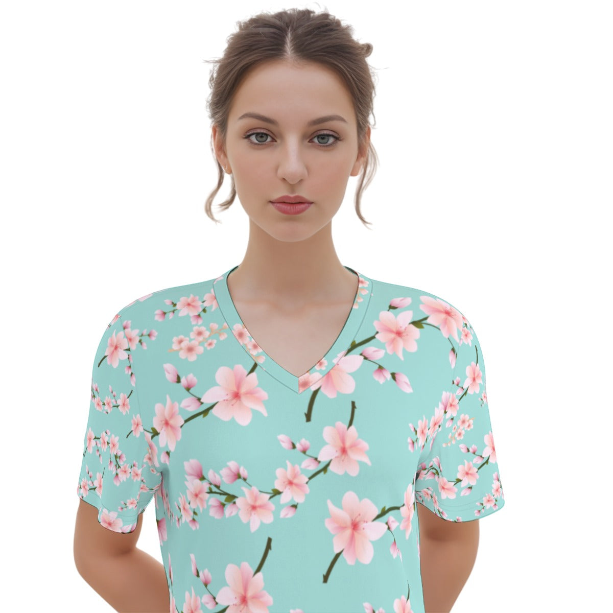 Japanese Pink Flowers Blue Women's V Neck Dress|180GSM Cotton up to 3 XL 6