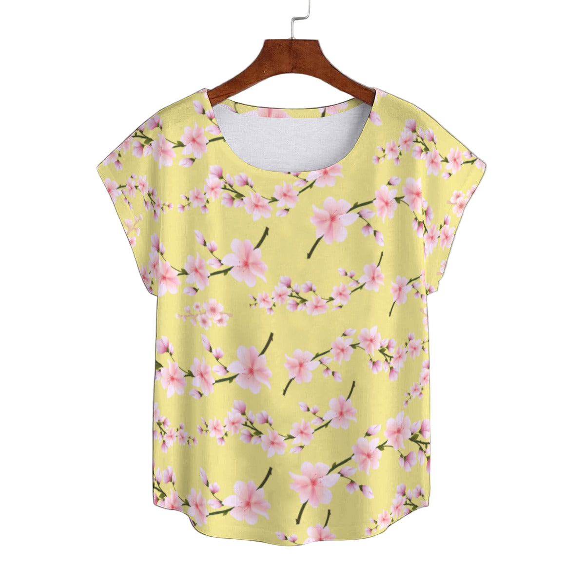Japanese Pink Flowers Yellow Curved Hem Top Large to 5 XL (FWS) 1