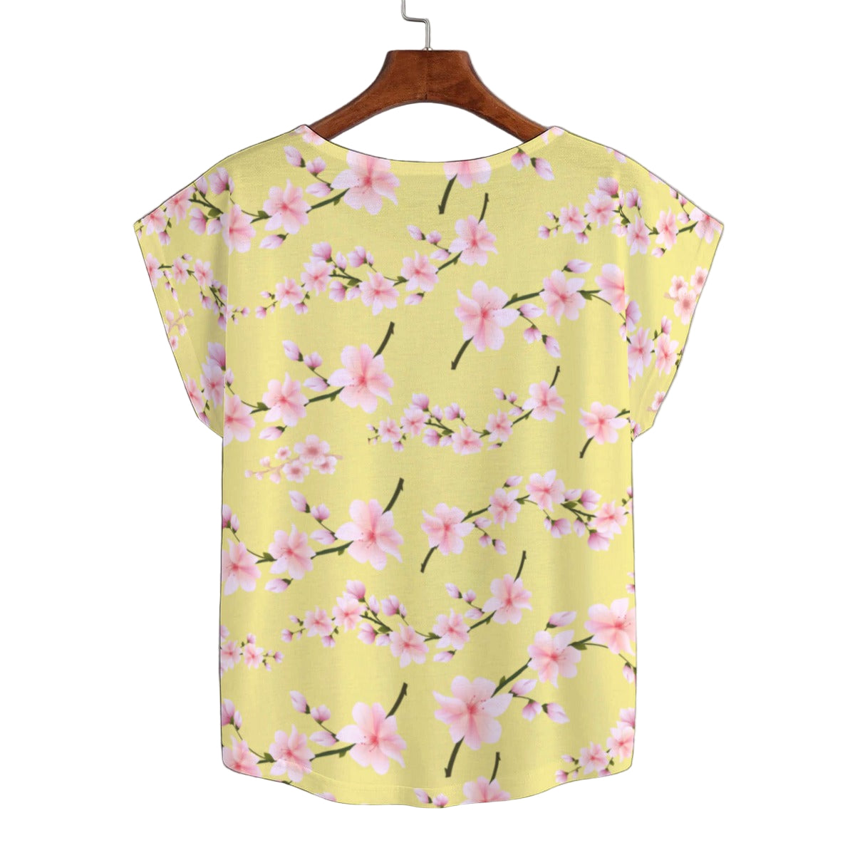 Japanese Pink Flowers Yellow Curved Hem Top Large to 5 XL (FWS) 2