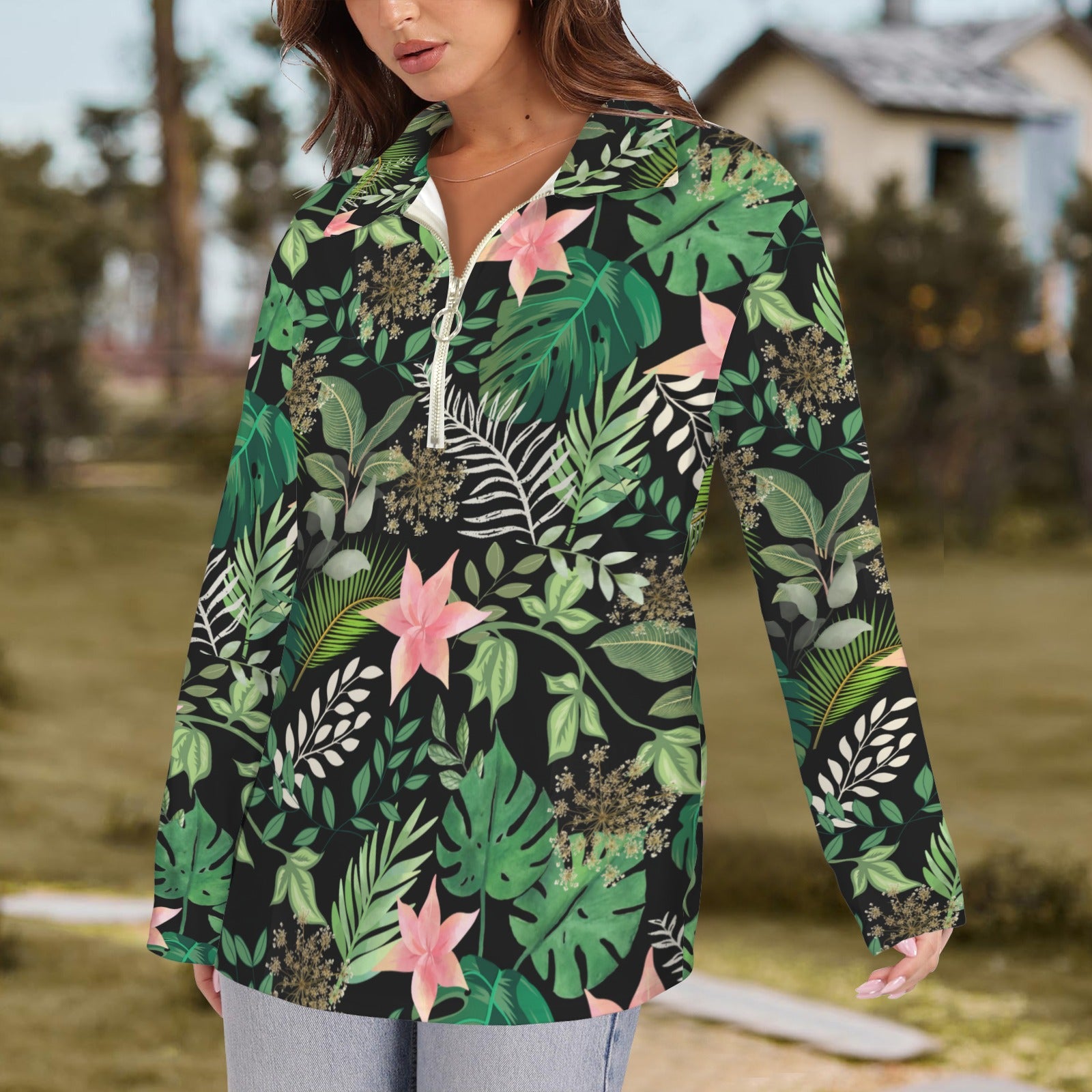 Jungle Black Zip Neck Long Sleeve Top up to 5 XL 2