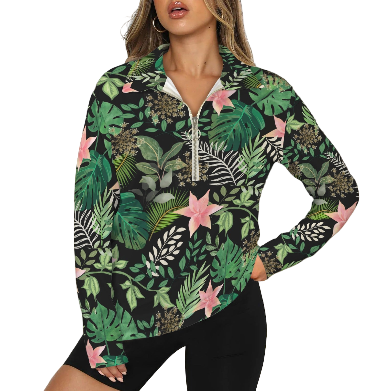Jungle Black Zip Neck Long Sleeve Top up to 5 XL white 1