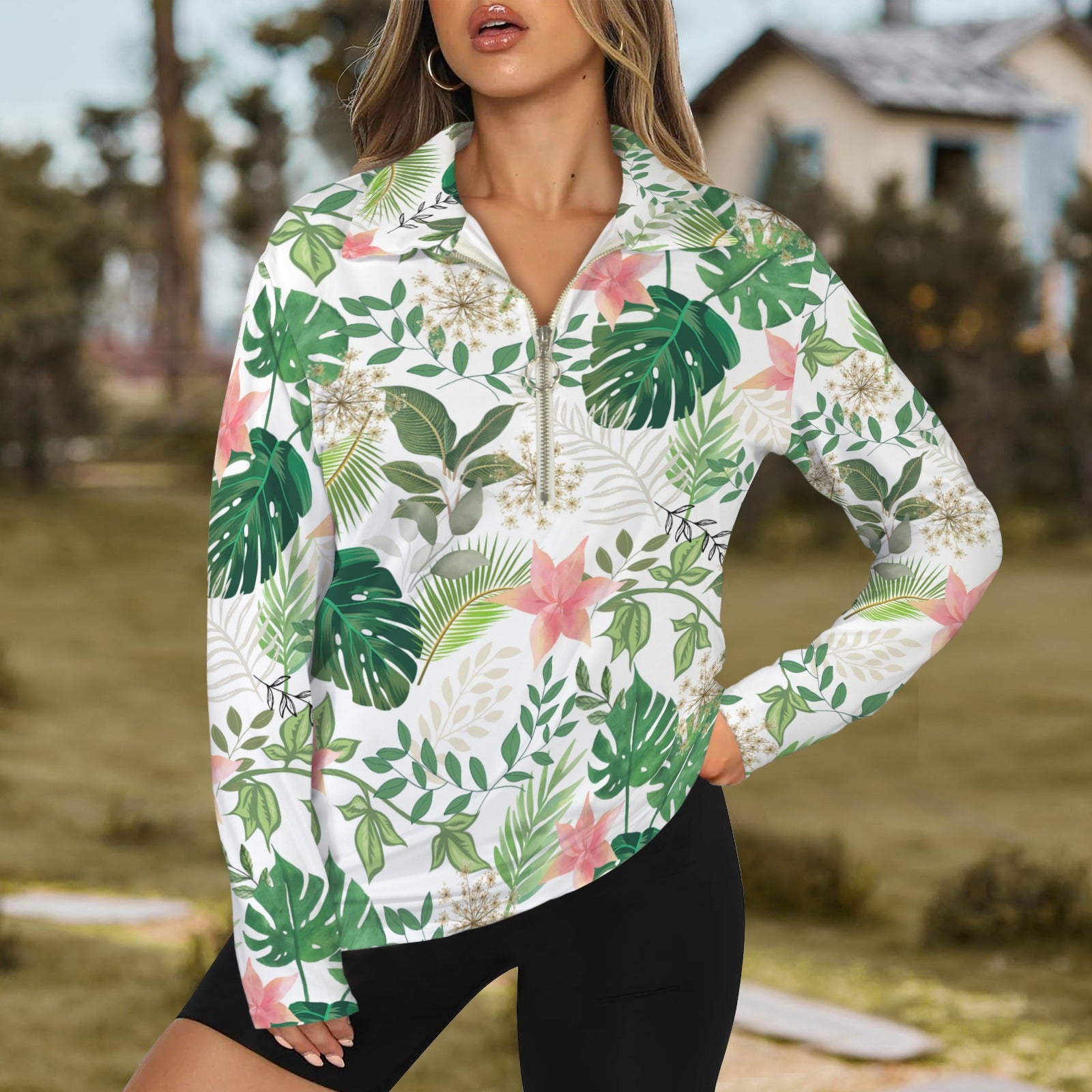 Jungle White Zip Neck Long Sleeve Top up to 5 XL 1