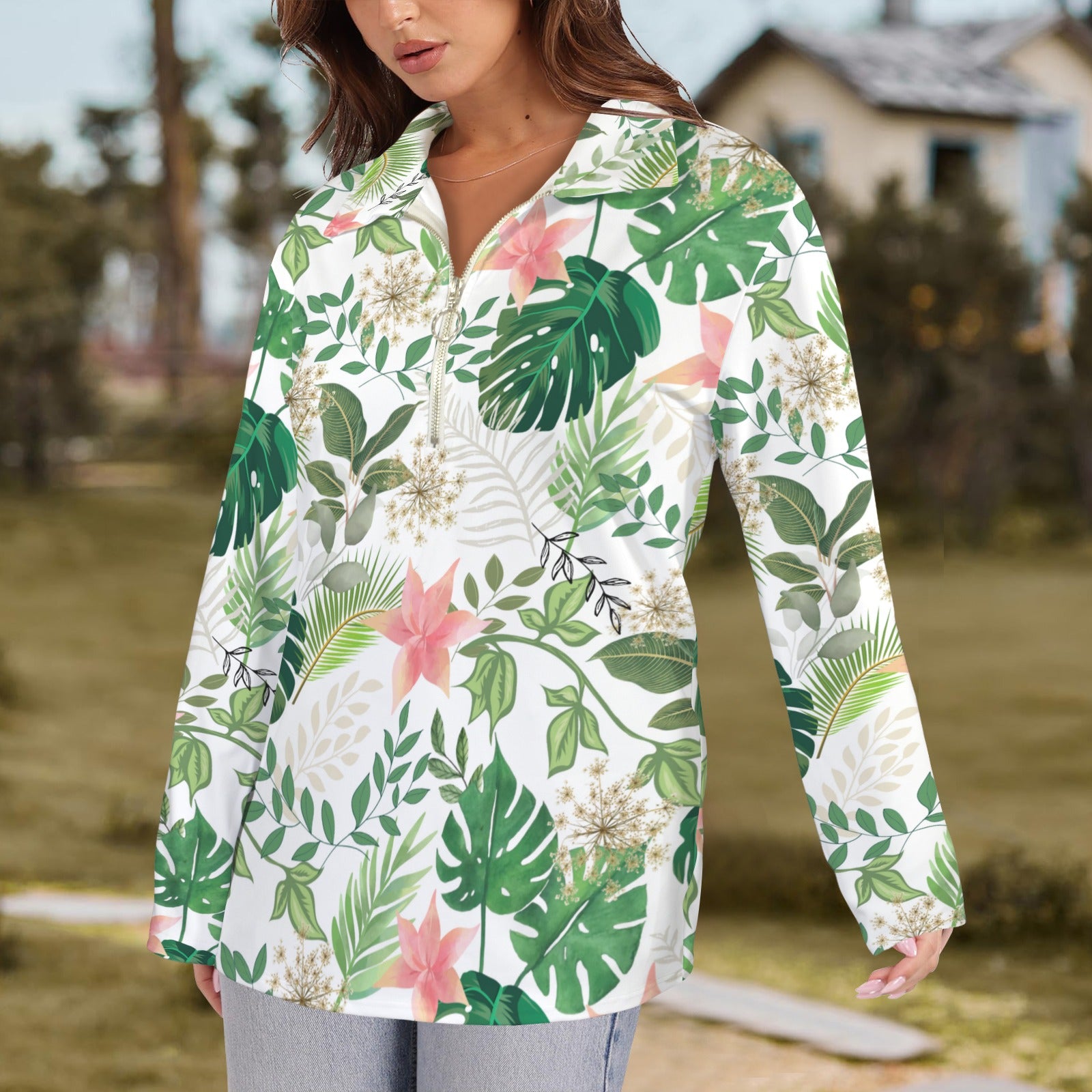 Jungle White Zip Neck Long Sleeve Top up to 5 XL 2