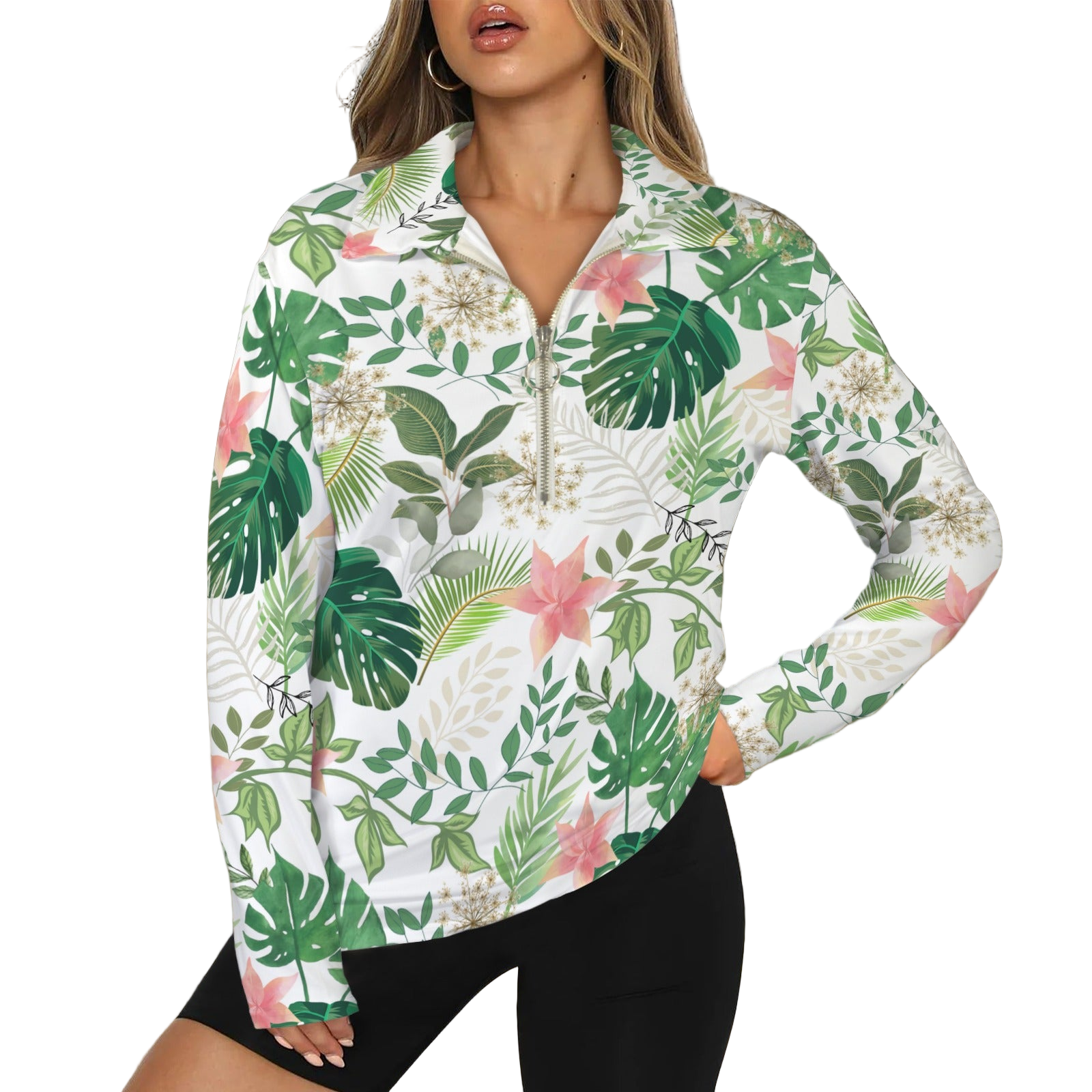 Jungle White Zip Neck Long Sleeve Top up to 5 XL white