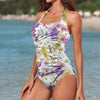 Large White Floral Women's Ruched Halter Neck Swimsuit up to 5 XL (FWS) 2
